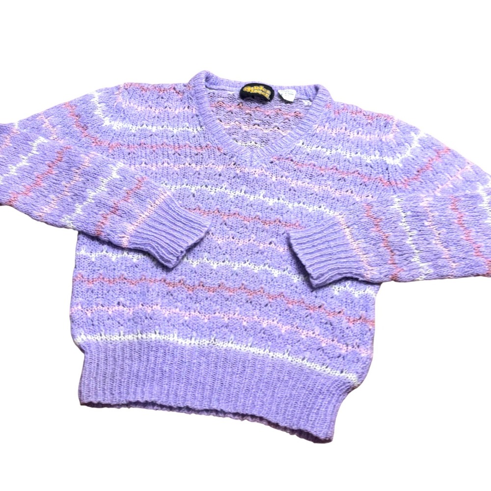 Vintage 80s Golden Touch Purple Striped Knit V-Neck Sweater Lavender Open Knit